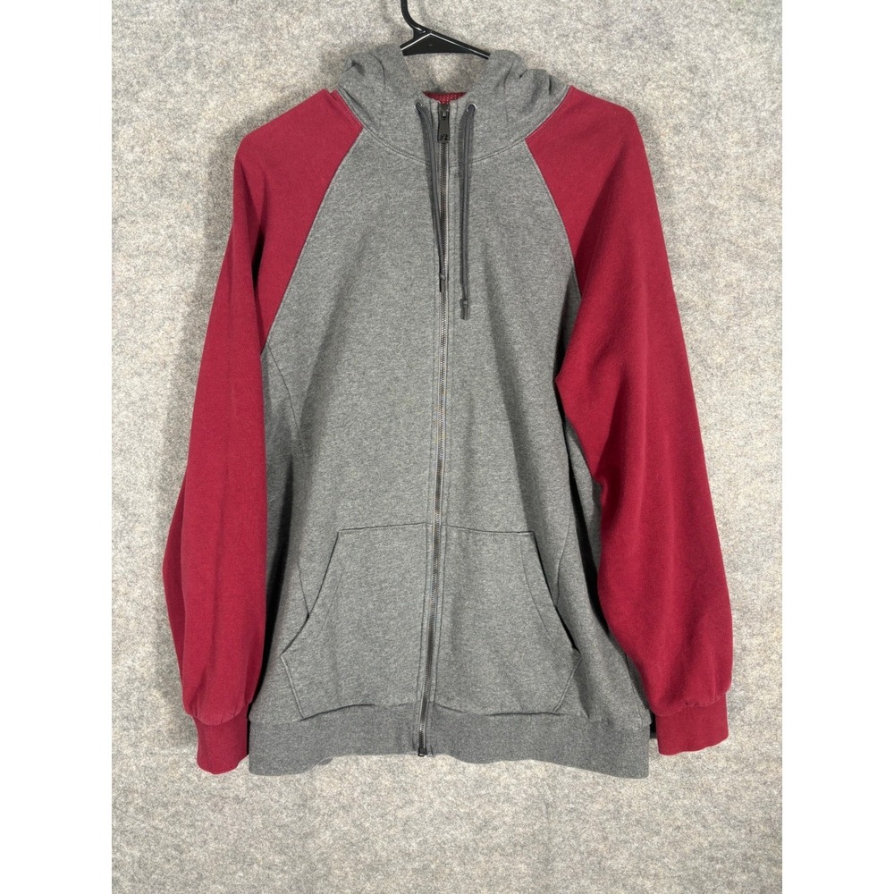 Russell Premium Fleece Zip Up Hoodie Men's Large Charcoal Grey‎ Red Raglan